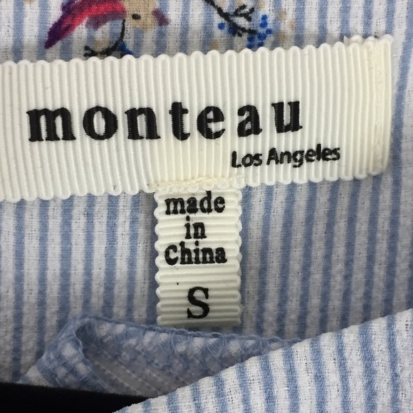 Monteau Los Angeles Top Sz Small Bird Pattern Pleated Cap Sleeve Keyhole Back - Picture 6 of 10